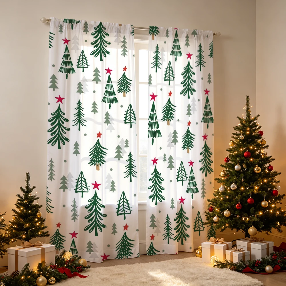 2PCS Christmas Curtains, Hand drawn little pine trees Print, Bedroom Living Room Window Drapes, Rod Pocket Polyester, Home Decor
