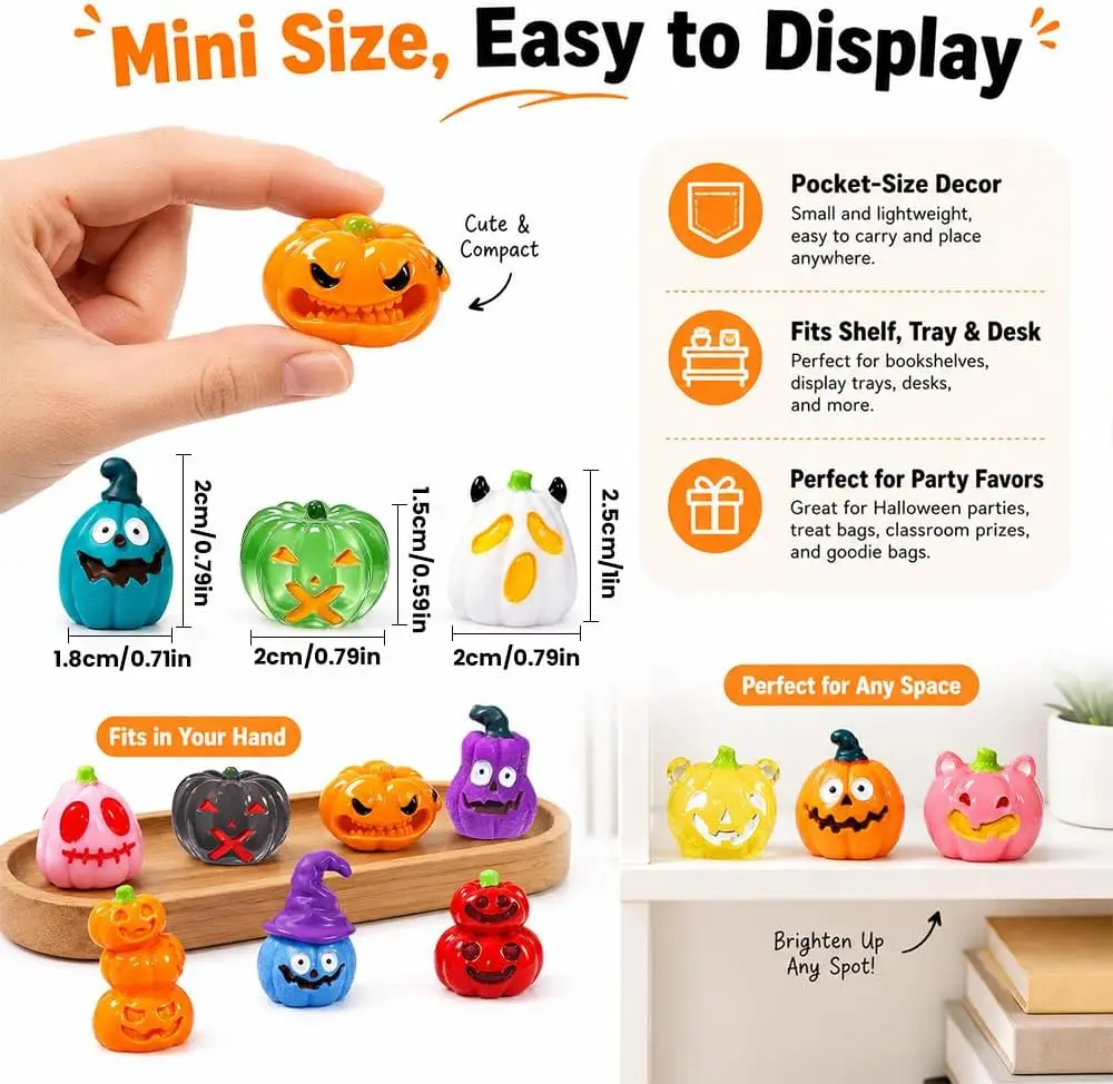 Halloween Mini Pumpkin Figures Cute Halloween Decorations | Tiny Resin Pumpkin Figurines Bulk to Hide for Dollhouse Miniature