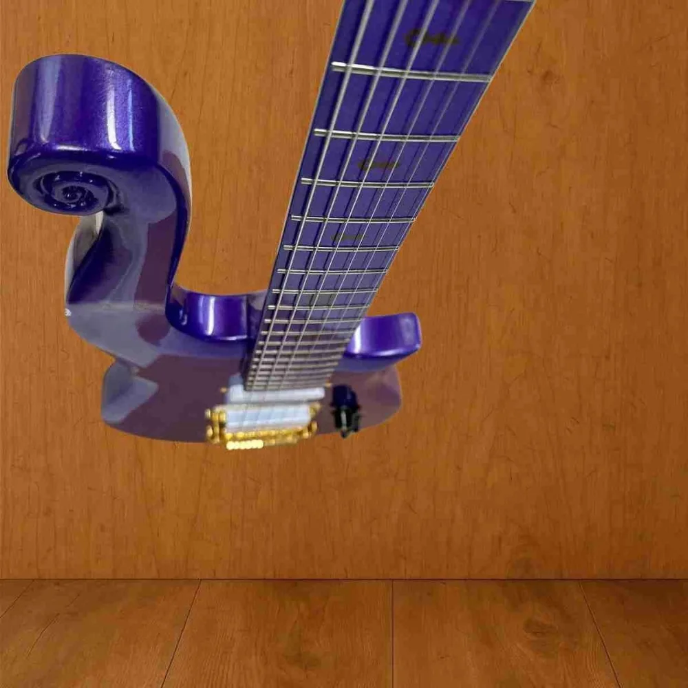 Metallic Purple Electric Guitar with Gold Bridge Cover and Gold Symbol Inlays, Professional Stage Performances.