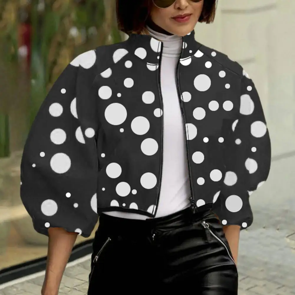 

Women Jacket Stylish Stand Collar Women's Jacket with Dot Print Zipper Closure Casual Coat for Ladies with Long Sleeve Loose Fit