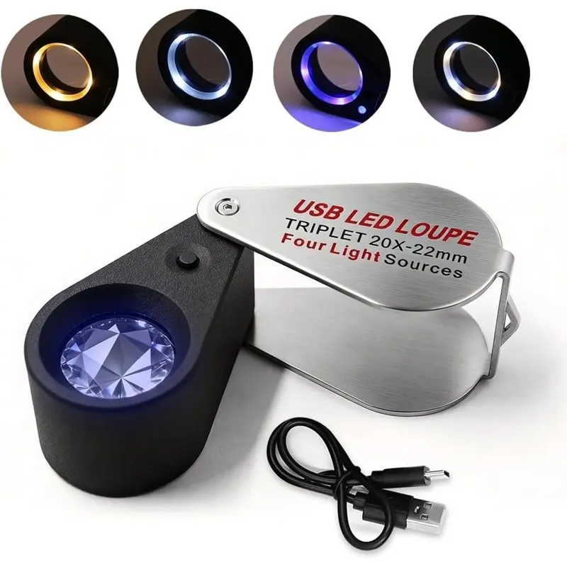 [B17B!】 Jeweler' S Loupe 20X With UV& LED Light, Four Modes, 22Mm Triplet Lens For Coin, For Gemstone Identification