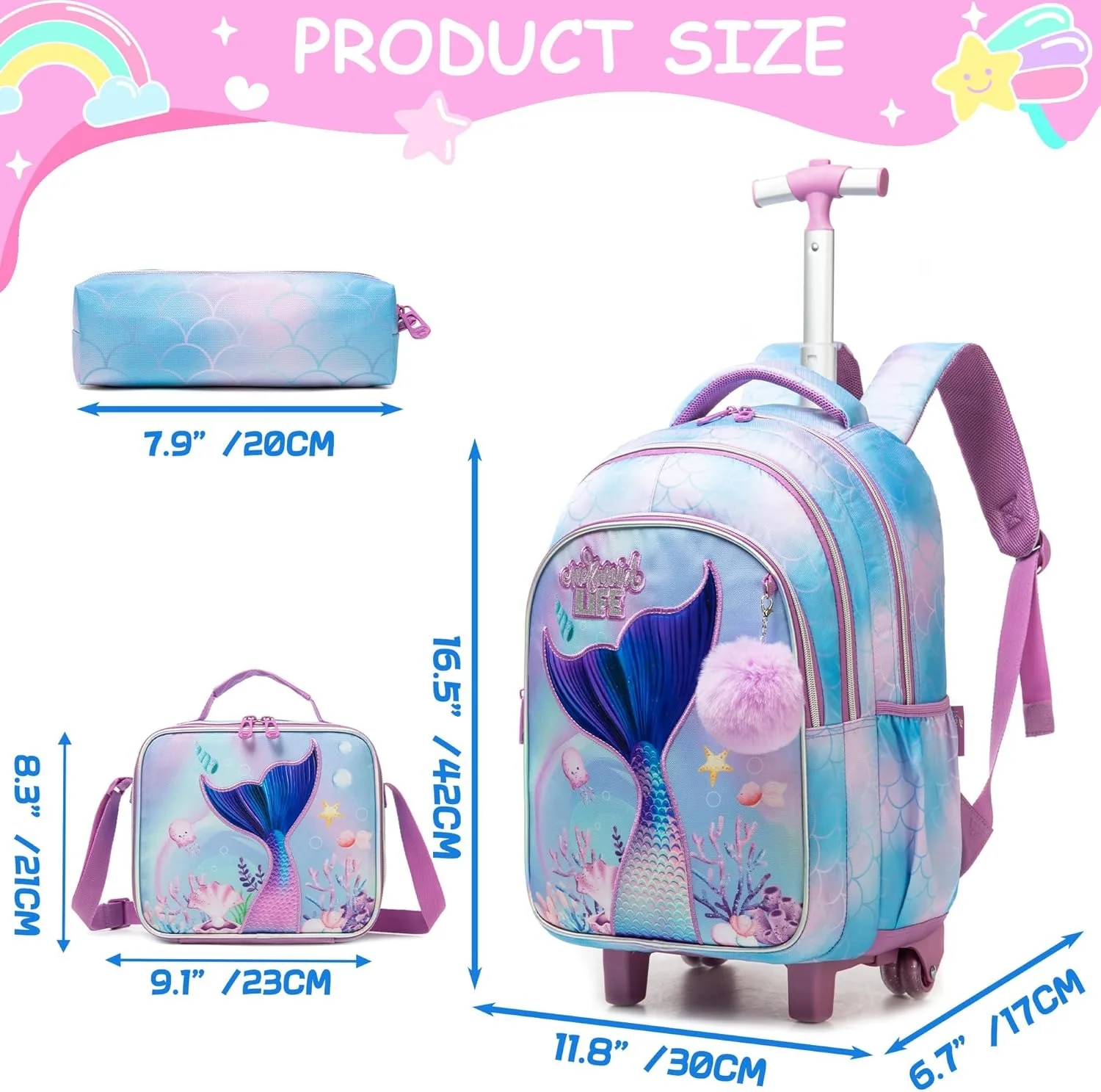 Girls Wheeled School Bag Kids School Trolley Bookbag Large Capacity Carry on Luggage Durable Roller Backpack Gift for Daughter