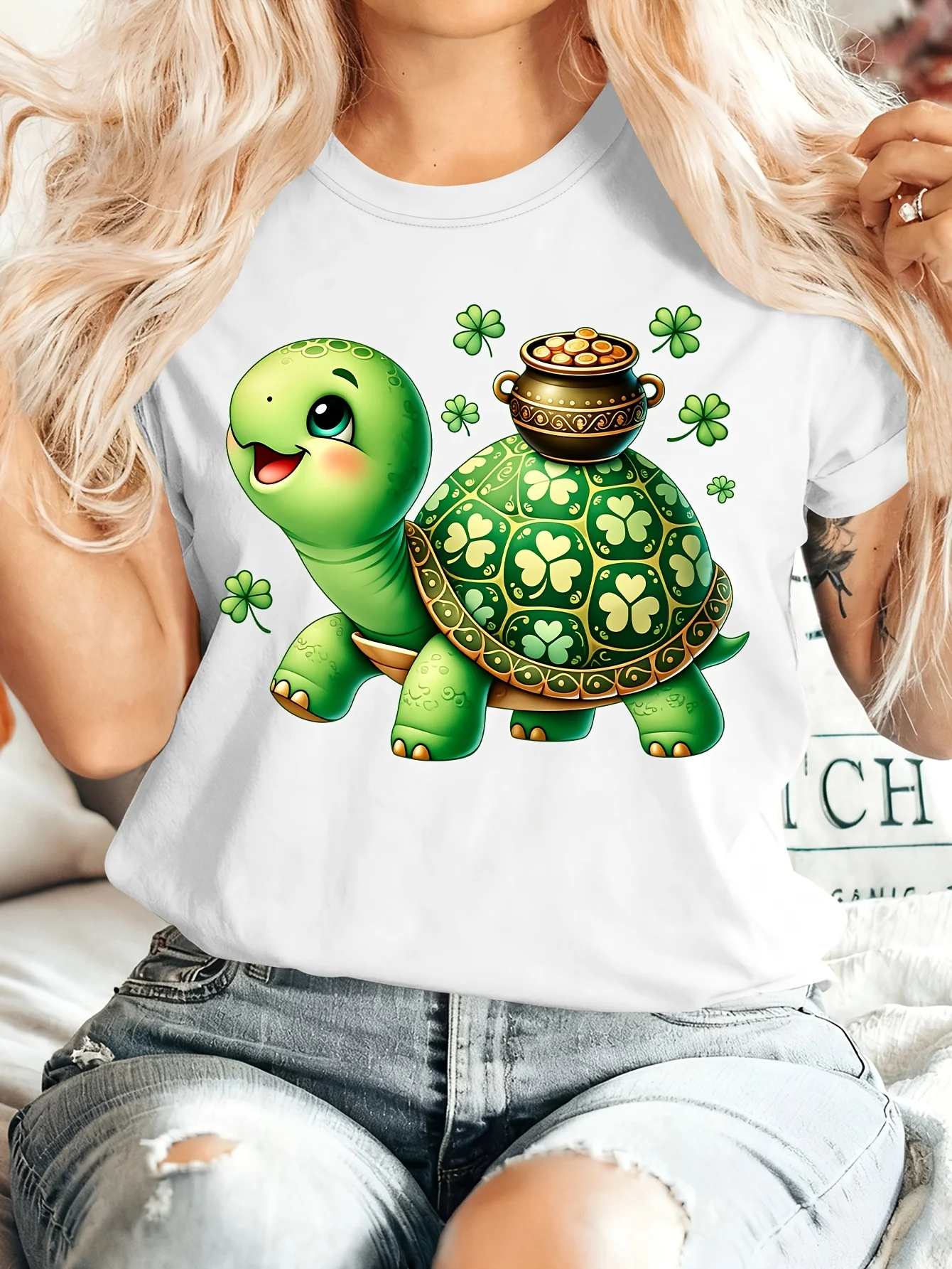 Women Crew Neck Tee St Patricks Day Turtle Clover Gold Pot Graphic Print Short Sleeve Loose Ladies Cotton Plus Size Casual Top