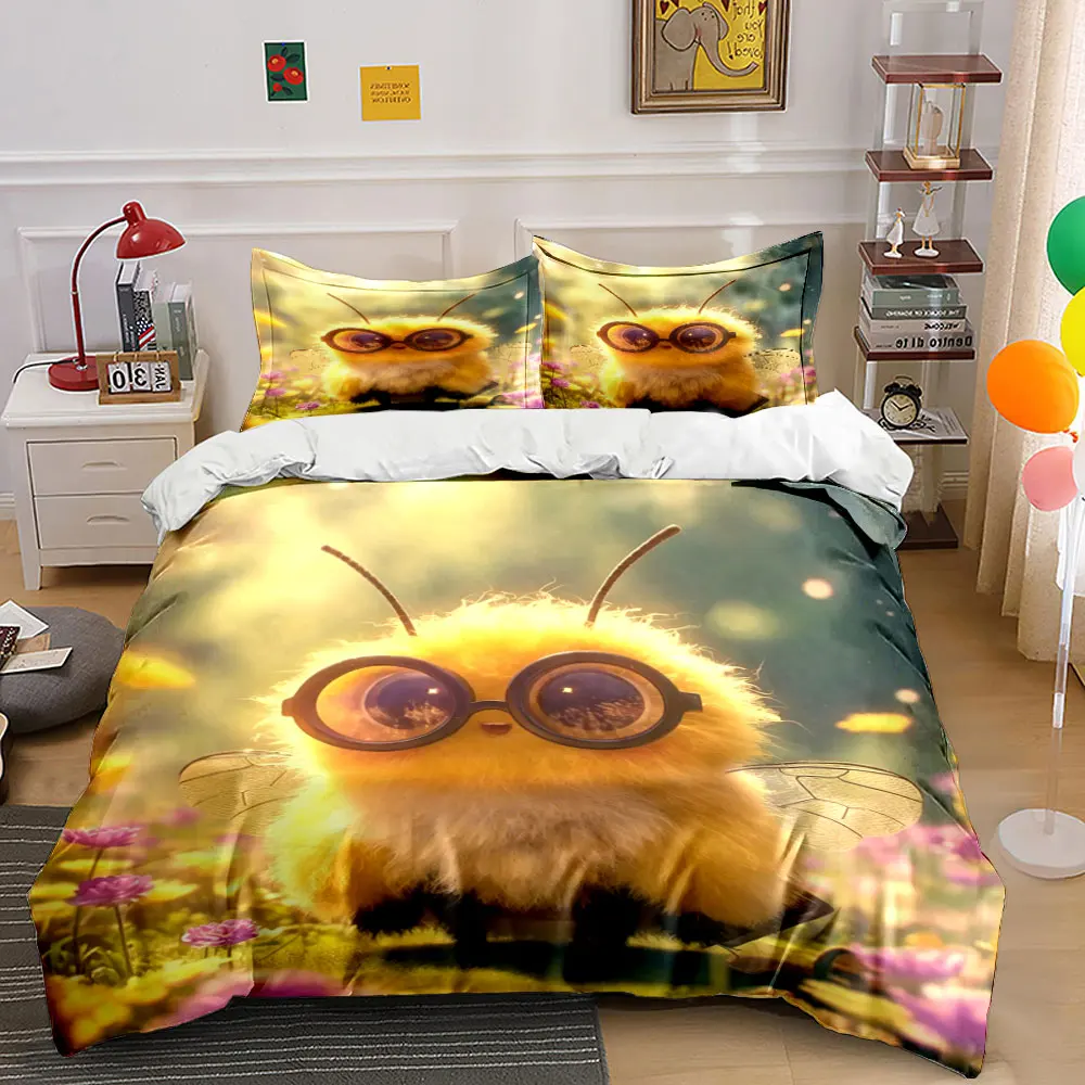Adorable bee with glasses in flower field Print Bedding Set 1 Duvet Cover 2 Pillowcases for Adult and Children Luxury Gift