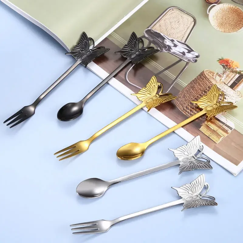 

Stainless Steel Butterfly Coffee Spoon Fruit Fork Stirring Spoon Dessert Fork Plated Gift Tableware Mental Dessert Spoon