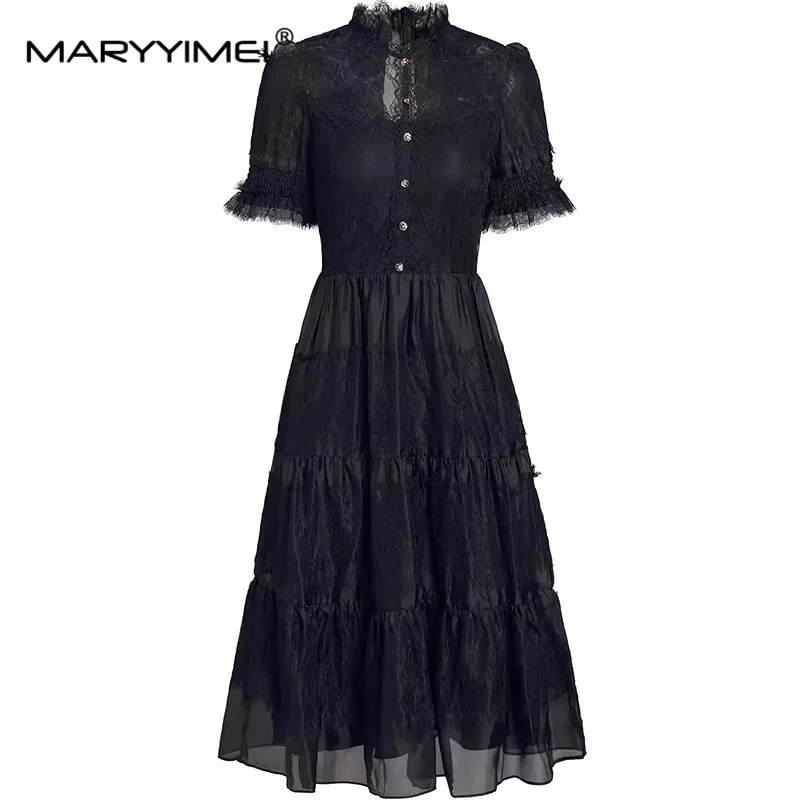 

MARYYIMEI Fashion Summer Women's Dress Stand Collar Short-Sleeved Lace Splicing Celebrity Party Button Ball Gown Dresses