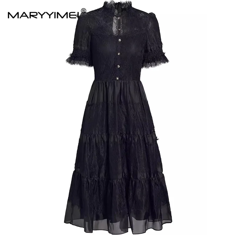 MARYYIMEI Fashion Summer Women's Dress Stand Collar Short-Sleeved Lace Splicing Celebrity Party Button Ball Gown Dresses