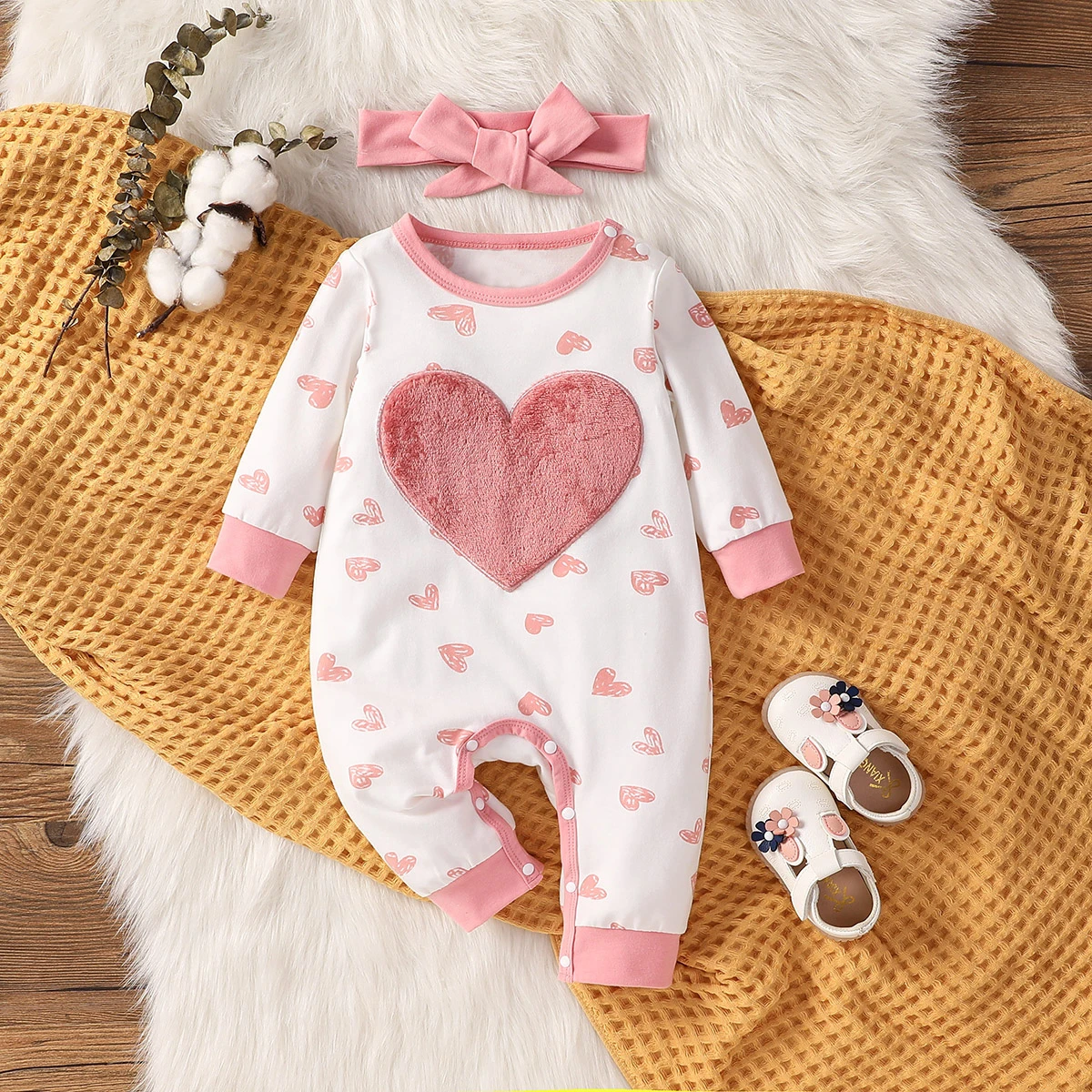 Baby Girls Fall Long Sleeve 3-24M Print Heart Streetwear Casual Jumpsuit With Covered Button +Hair Band