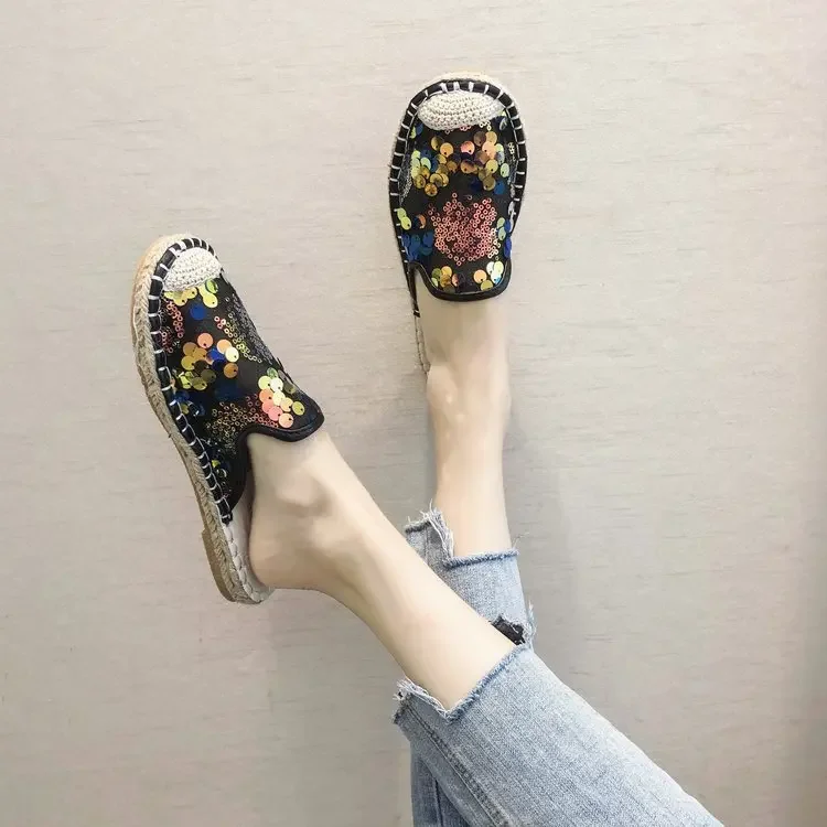 Sequined Slippers Women\'s Summer All-match Flat Sandals Women Retro Mesh Lace Slippers Fashion Loafers Bling Muller Shoes