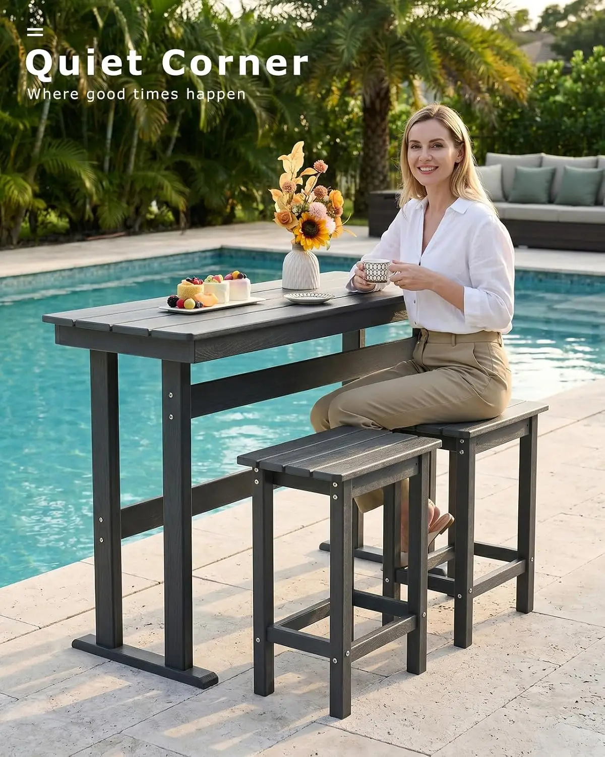 3 Piece HDPE Outdoor Bar Table Chair Set 2 Dark Grey 539 Inch Bar Height Table 2 Stools Tuck Underneath 330 Lb Capacity Per Piec