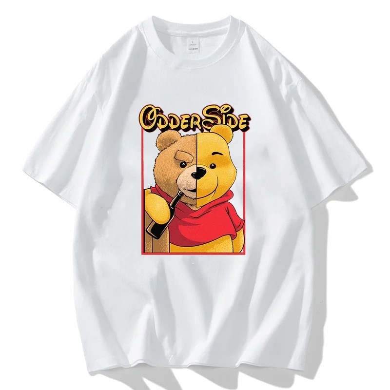 تي شيرت أبيض من Winnie ذا بو للنساء ، قمم Ulzzang من هاراجاكو ، أكمام قصيرة ، صيد أسماك كرتونية ، طباعة جرافيك ، أزياء كاواي