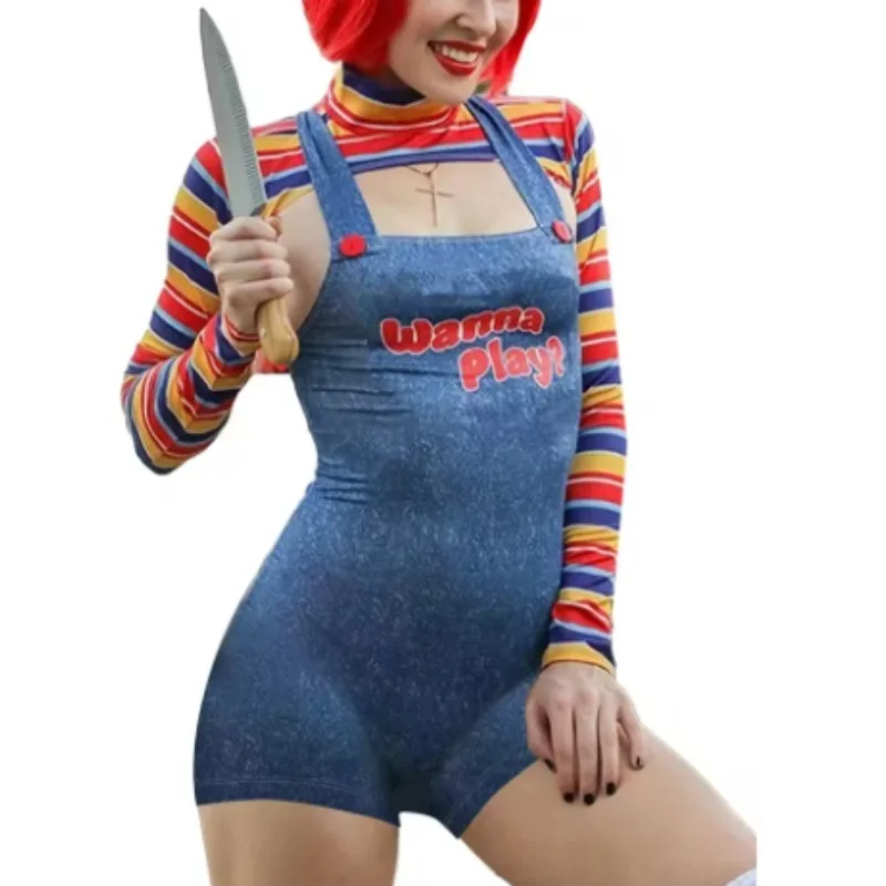 

Halloween Costumes Scary Nightmare Killer Doll Wanna Play Movie Character Bodysuit for Women Chucky Doll Cosplay Costume