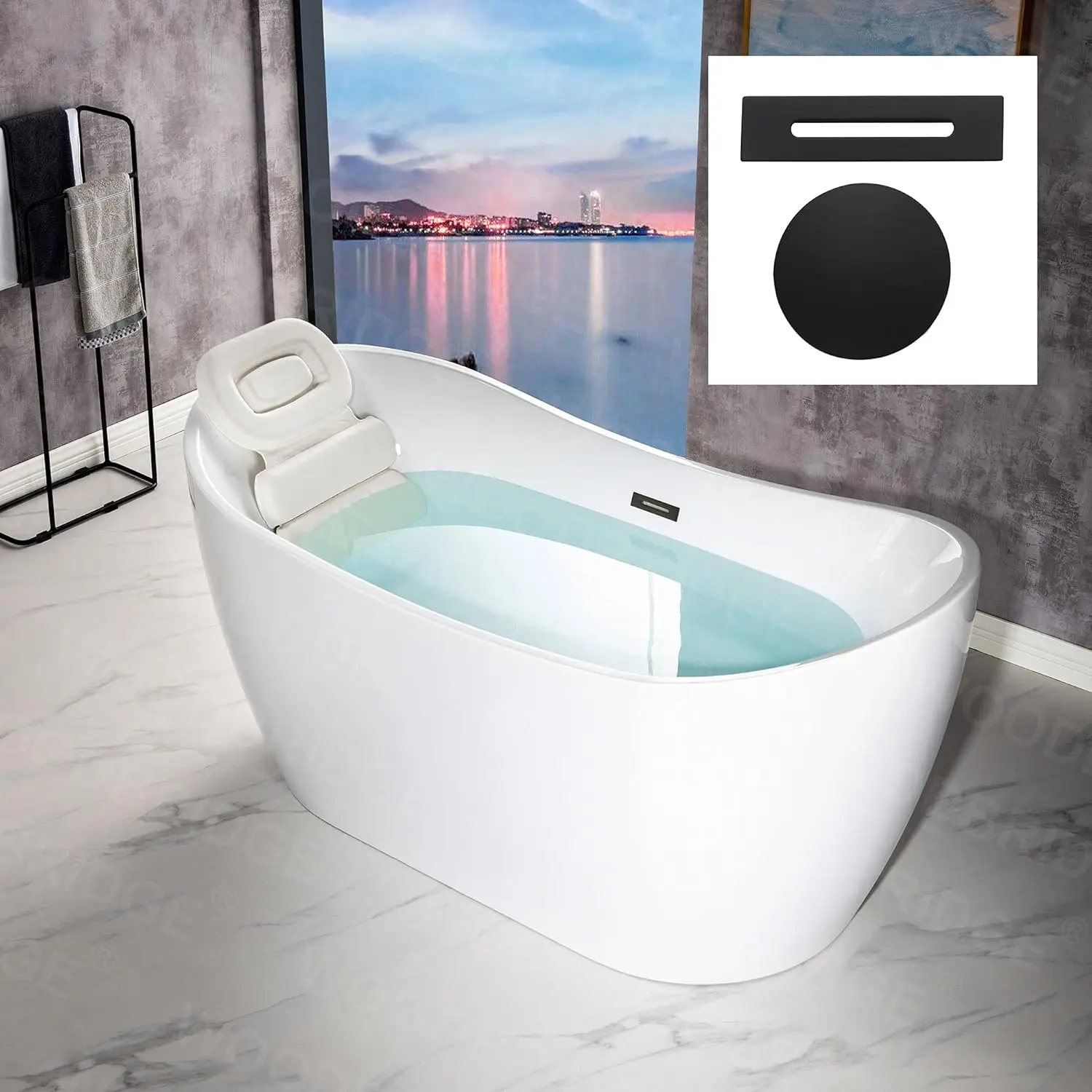 59 Acrylic Freestanding Bathtub Contemporary Soaking White Tub with Matte Black Overflow and Drain Anti slip design DURABLE