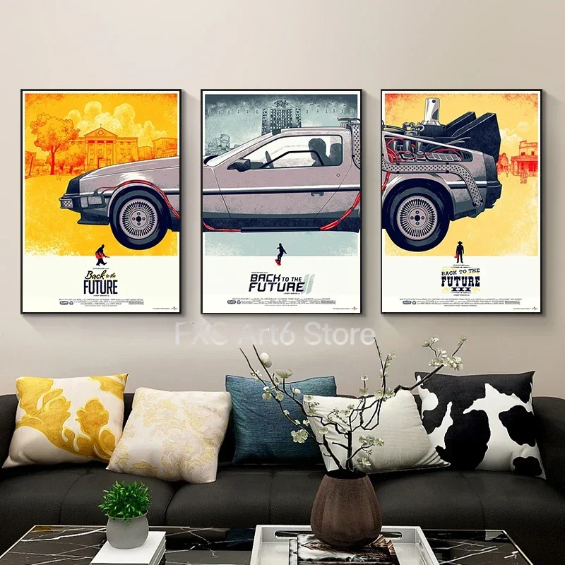 3PC frameless Back To The Future Car Poster Paintings Silk Canvas Print Classic Movie Pictures Home Decor