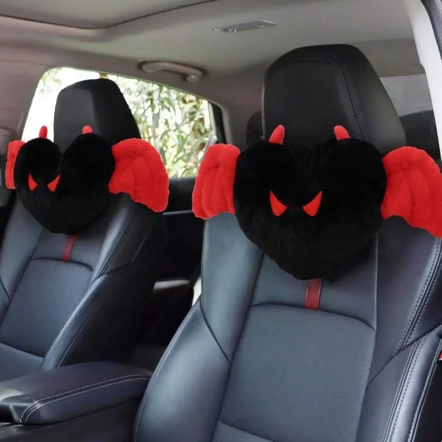 D2 Pcs Heart Shaped Car Headrest Pillow Devil And Angel Wings Neck Pillow Cute Car Seat Decor Neck Port Cushions For Travel Slee