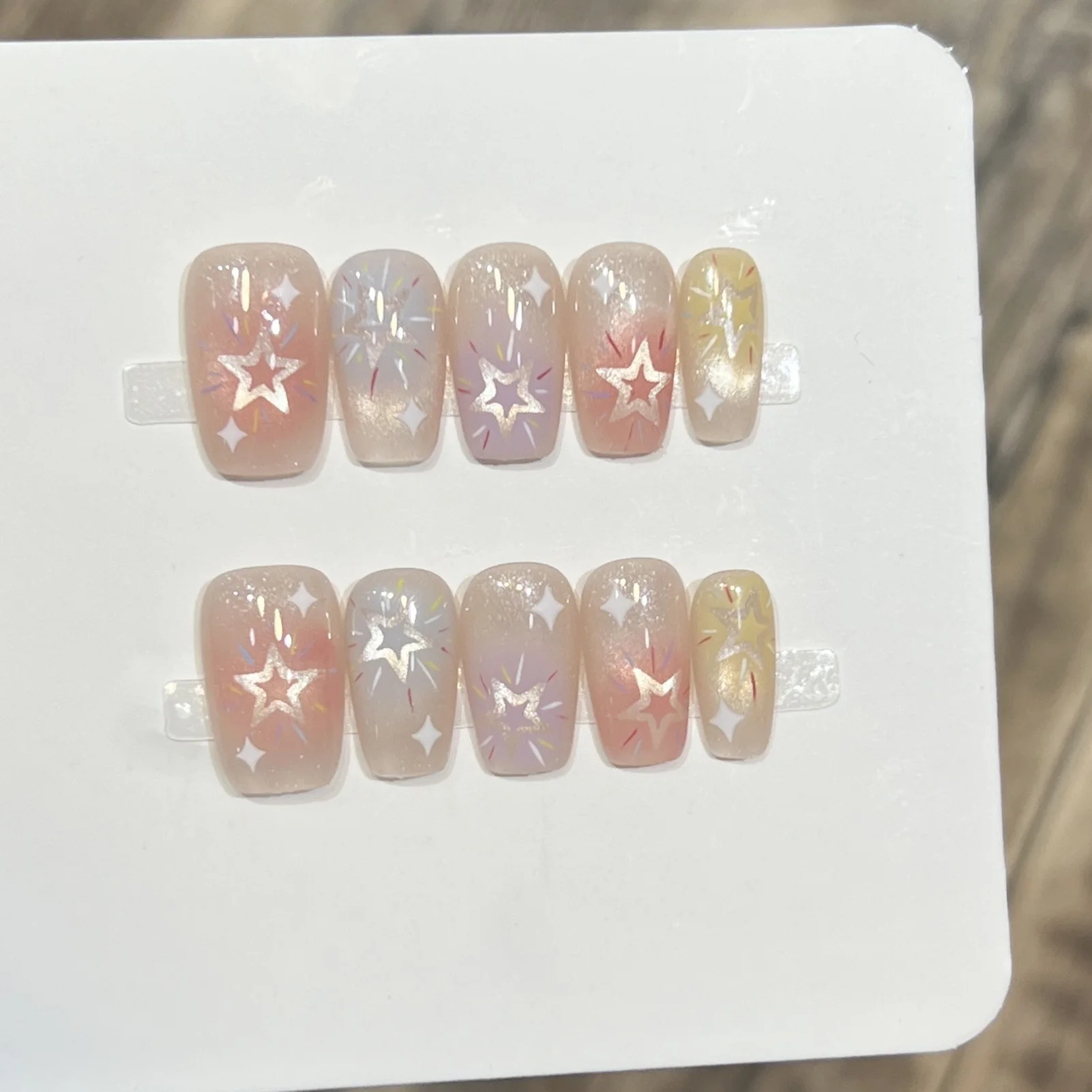 10PCS Square Glossy Press on Nails with Starlight Cat Eyes Natural-looking Colorful Handmade False Nails for Women