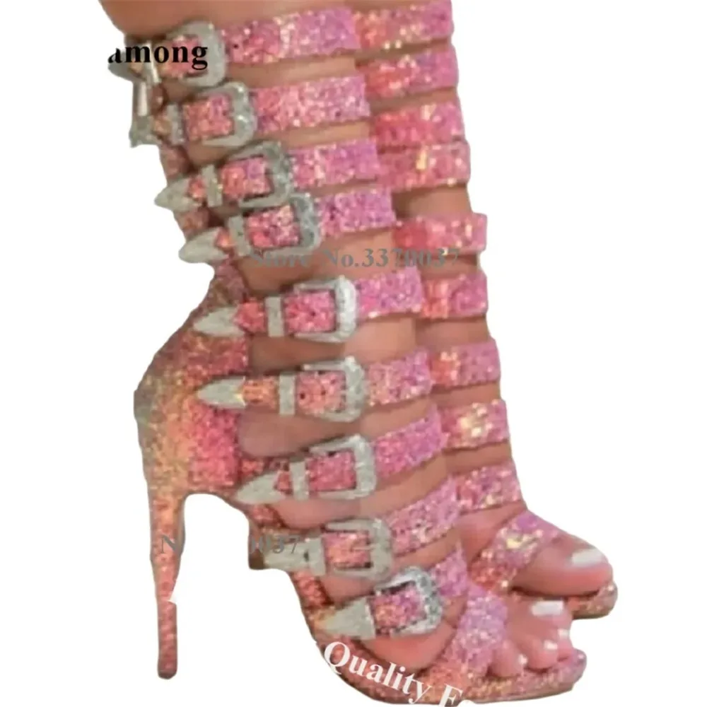 Linamong Bling Bling Pink Glitters Stiletto Heel Short Gladiator Boots Open Toe Sequined Strappy Metal Buckles Thin Heel Sandals view 4