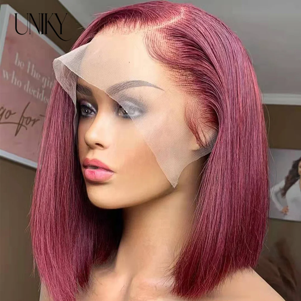 Wig rambut manusia renda depan transparan HD Burgundy wig lurus 99J merah lurus 13x4 renda depan untuk wanita 4x4 penutup renda Wig lurus