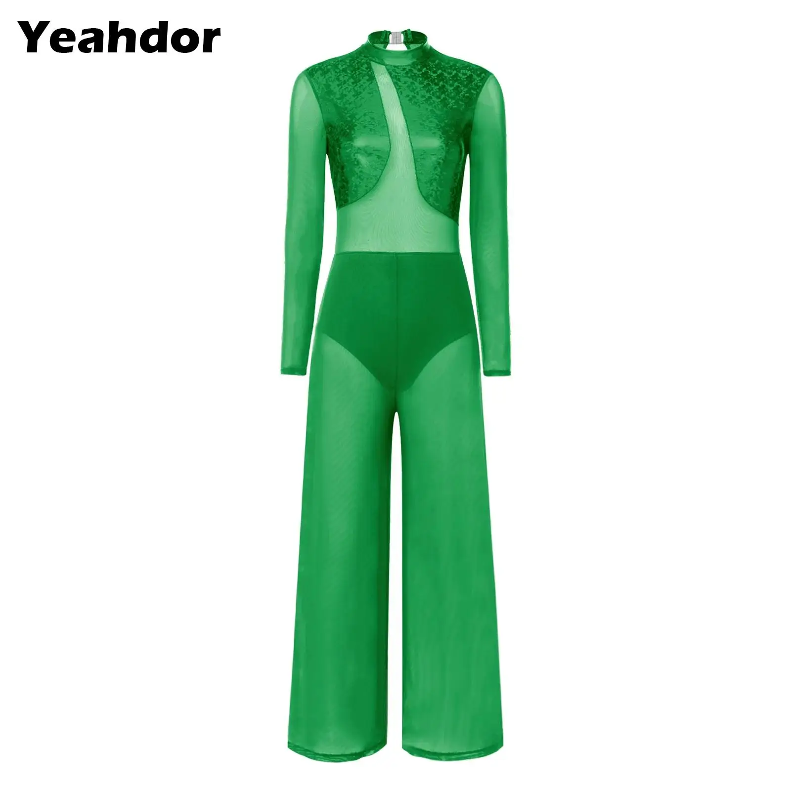 

Women Sheer Mesh Patchwork Sports Jumpsuit Long Sleeve Gymnastics Bodysuit Shiny Metallic Color Block Wide Leg Rompers