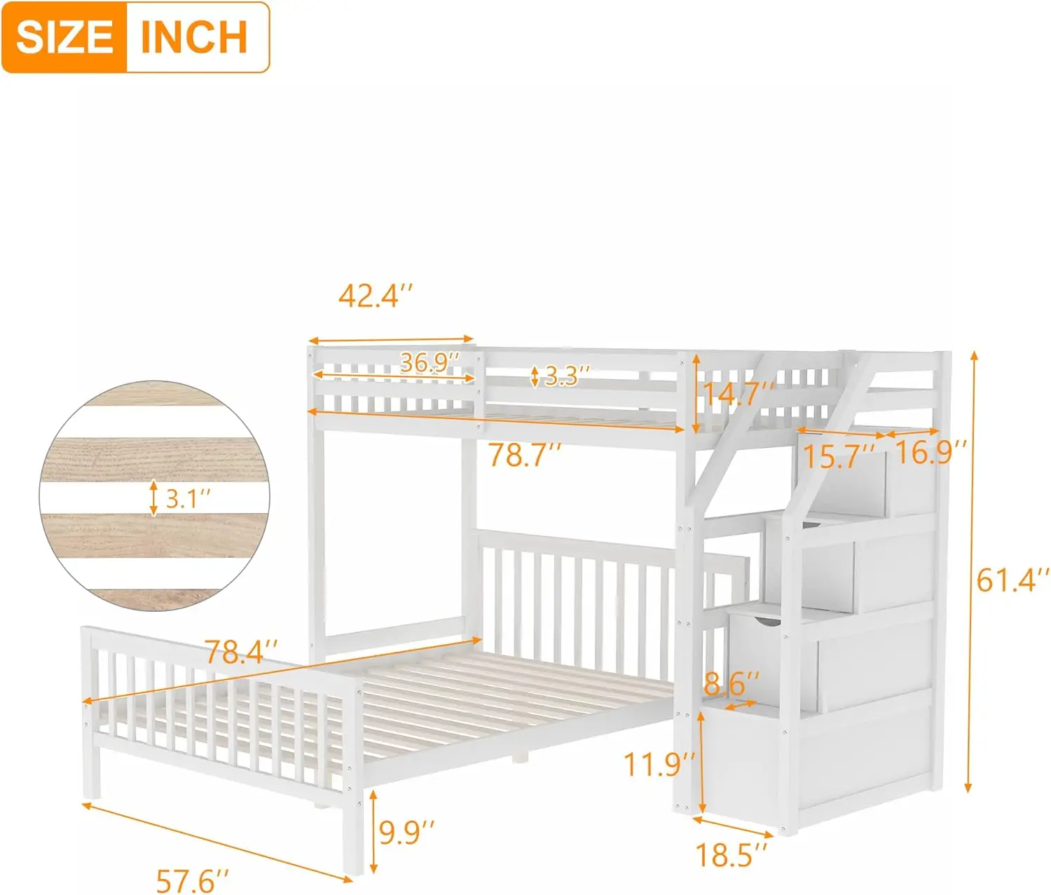 L Shape Twin Over Full Bunk Bed with Storage Stairway, Solid Wood Loft Bed with Removable Full Size Platform Bed,