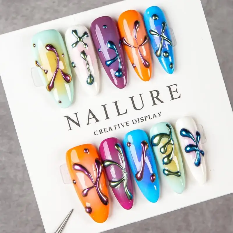 Handmade Medium Almond Press On Nails Colorful Gradient 3D Metallic Curve Fake Nails Y2K Abstract Liquid Design Summer Reusable