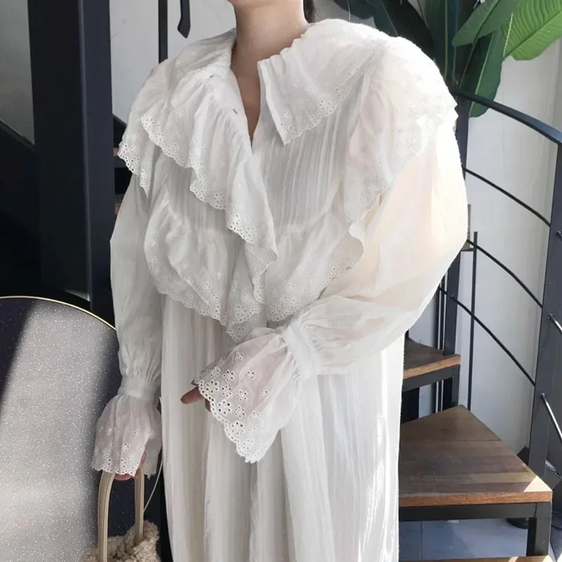 Korean Chic Sweet Elegant Boho Dresses Lace Peter Pan Collar Flounced Edge Sexy Dress Pleated Loose Flared Sleeve White Dress