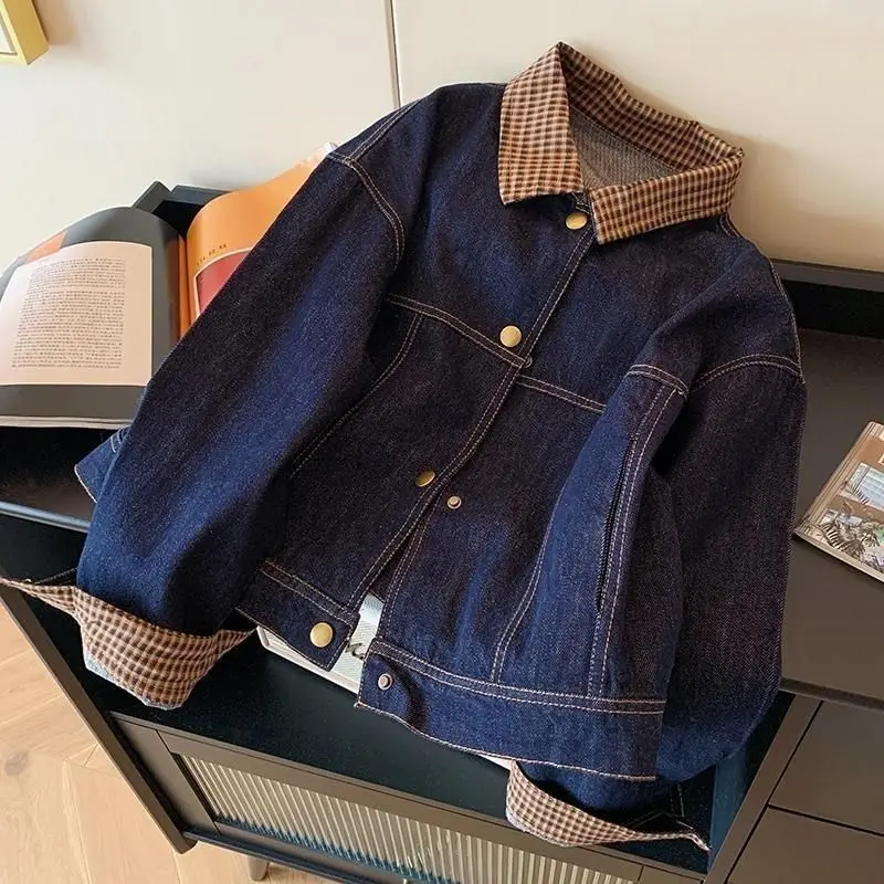 Spring Autumn New Hong Kong Style Lapel Plaid Splicing Denim Short Jacket Women's Small Jacket Top Exquisite Simple Personality