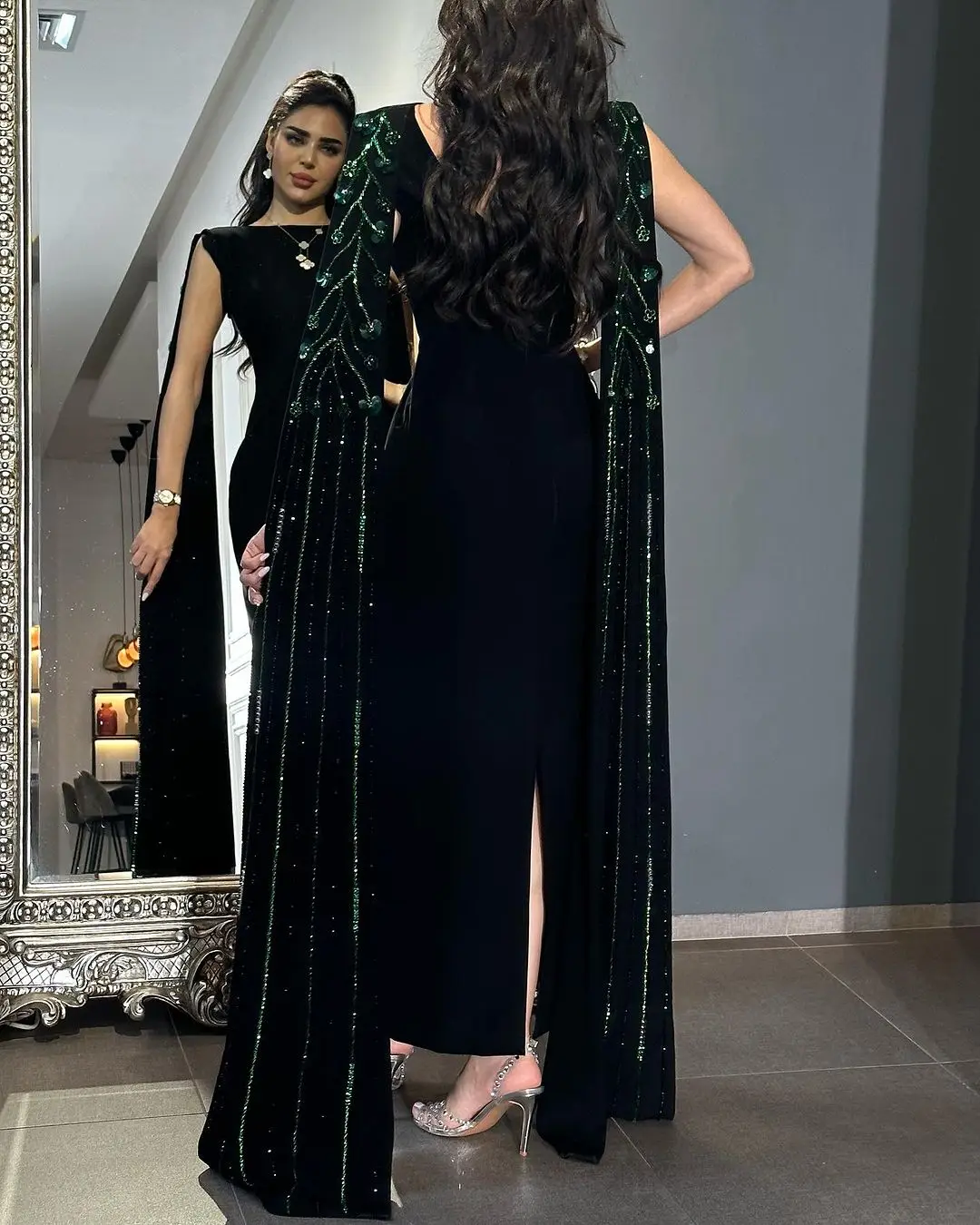 Black Crystals Evening Dress with Sleeve Cape Beading Sequin Straight Ankle Length Prom Gown Cocktail Party Dress Sweep Train