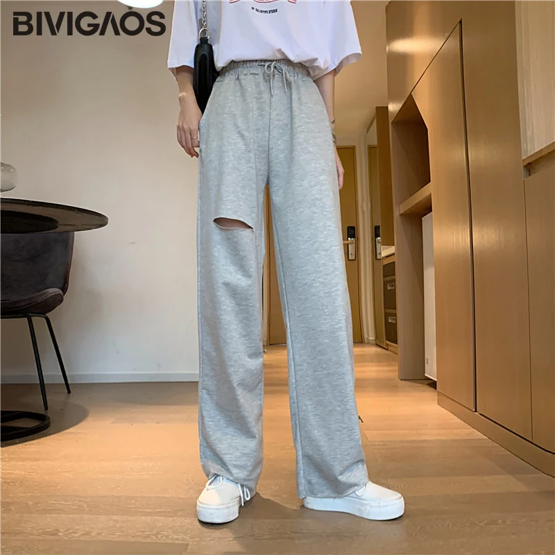 

BIVIGAOS New High Waist Hole Sport Wide Leg Pants Womens Cotton Casual Trousers Drape Straight Loose Pants Women Sweatpants