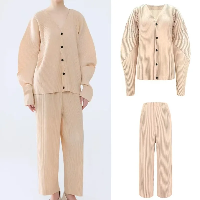 

Miyake Pleated Pants Suit 2025 Autumn Winter Pleats Casual Peplum Solid Suit Fold Sleeve Single Breasted Top Casual Pants Women
