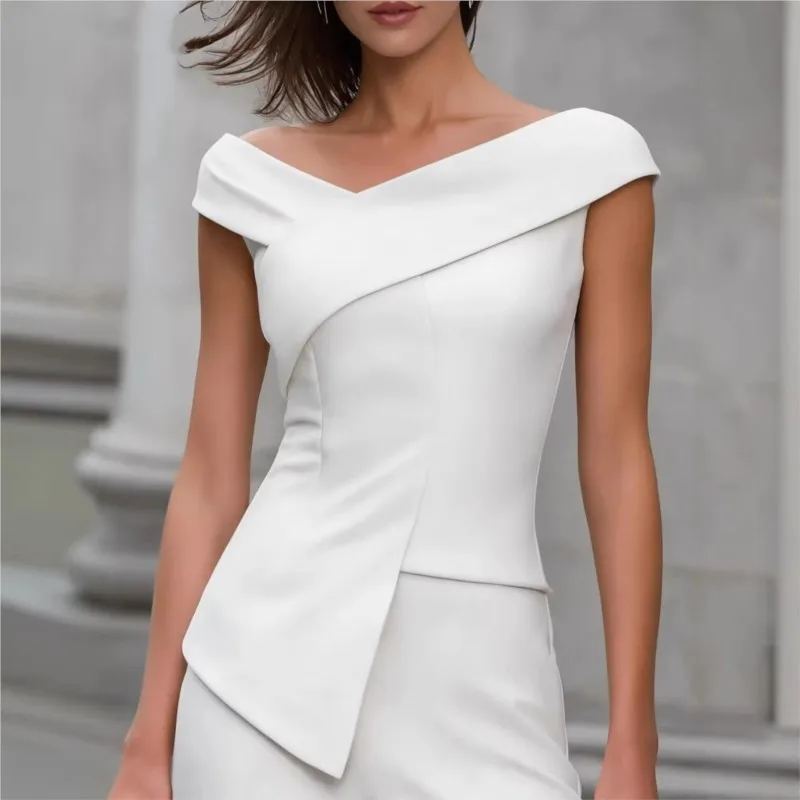 

Elegant Blouse Shirts Off-Shoulder Criss-Cross Front Sexy Irregular Solid Color Sleeveless Tops Fitting for Women OL Workwear