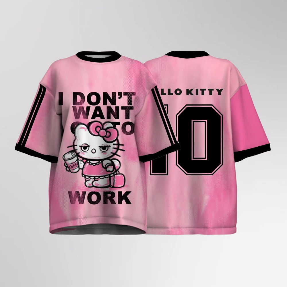 

Женская спортивная рубашка с принтом Hello Kitty, футболка большого размера с рисунком Y2K, уличная футболка с v-образным вырезом и цифровым принтом, футбольные майки