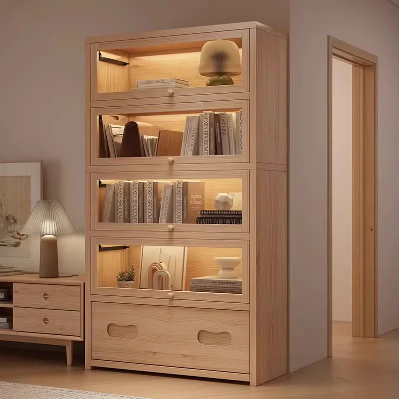 HYS Solid wood bookshelf Floor-to-ceiling locker Bookcase Dust-proof large capacity Table side cabinet Display cabinet Shelf