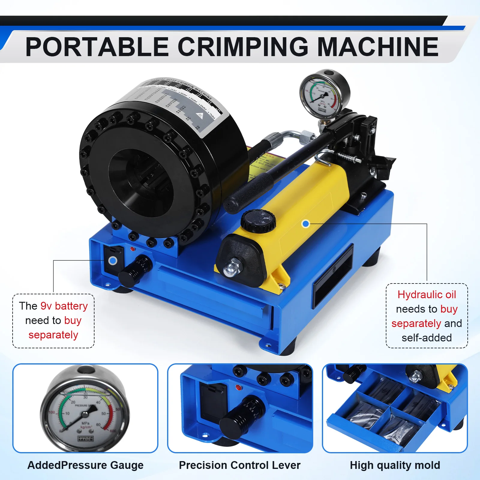 

Пресс для обжима шлангов и фитингов с 8 наборами матриц, диапазон обжима 0,24-1,1 дюйма, высокое давление 2000 кН, для автомобильной и промышленной отраслей