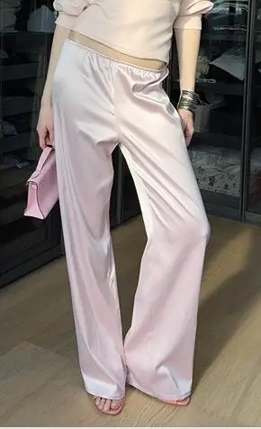 Women's Casual Straight Leg Pants Elastic Waist Solid Color Satin Pants Streetwear Y2K Coquette Bottoms