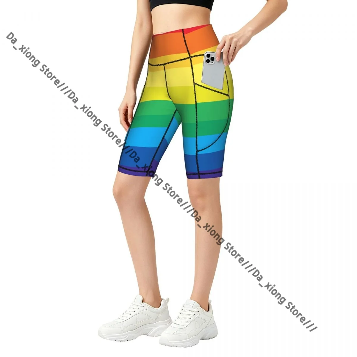 Female Hip Lift Yoga Shorts Striped Multicolored Rainbow Daily Wear Fitness Active Pants