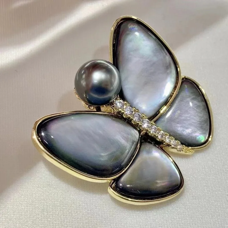 

SGARIT 9-10mm Black Butterfly Fritillaria Women's Brooch Natural Tahitian Pearl Autumn Winter Pin 925 Sterling Silver Jewelry
