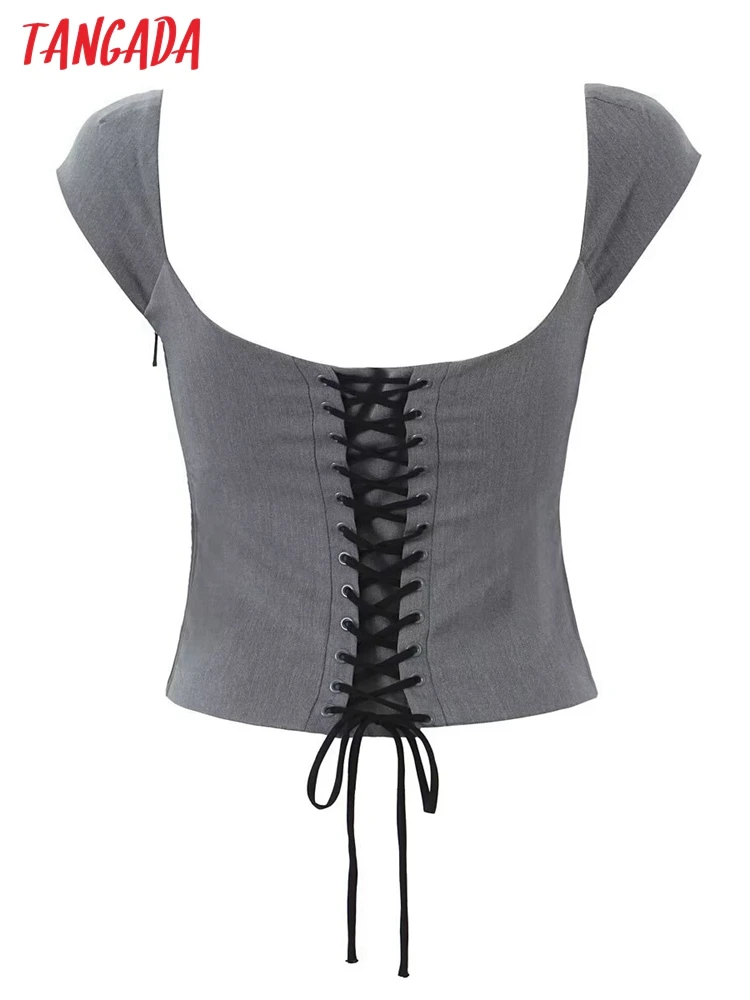 Tangada 2024 Women Gray Cotton Crop Shirt Backless Lace Up Female Sexy Tops Blouse 4D14