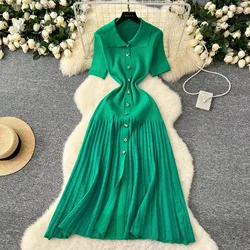 Elegant Turn-down Collar Vintage Long Sleeves Chic Single Breasted Slim Knit Dresses French Evening High Street Elastic Clothing