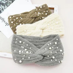 Nova pérola de malha cruz headbands para mulheres meninas artesanal acessórios para o cabelo outono inverno orelha mais quente elástico faixas de cabelo