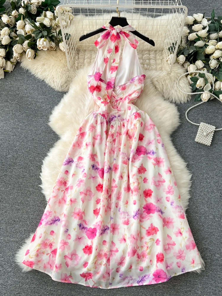 Lente/Zomer Strand Bloemen Jurk Voor Vrouwen Zoete Bloemen Wikkelen Rond Slanke Halflange Sexy Kant Up Hangende Hals Jurk