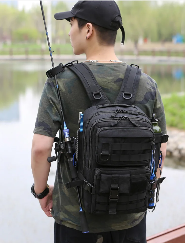 Large Fishing Tackle Storage Bag with Rod Holder Tactical Water Bottle Backpack Lures Gear Shoulder Bags Pockets Casual Anglers