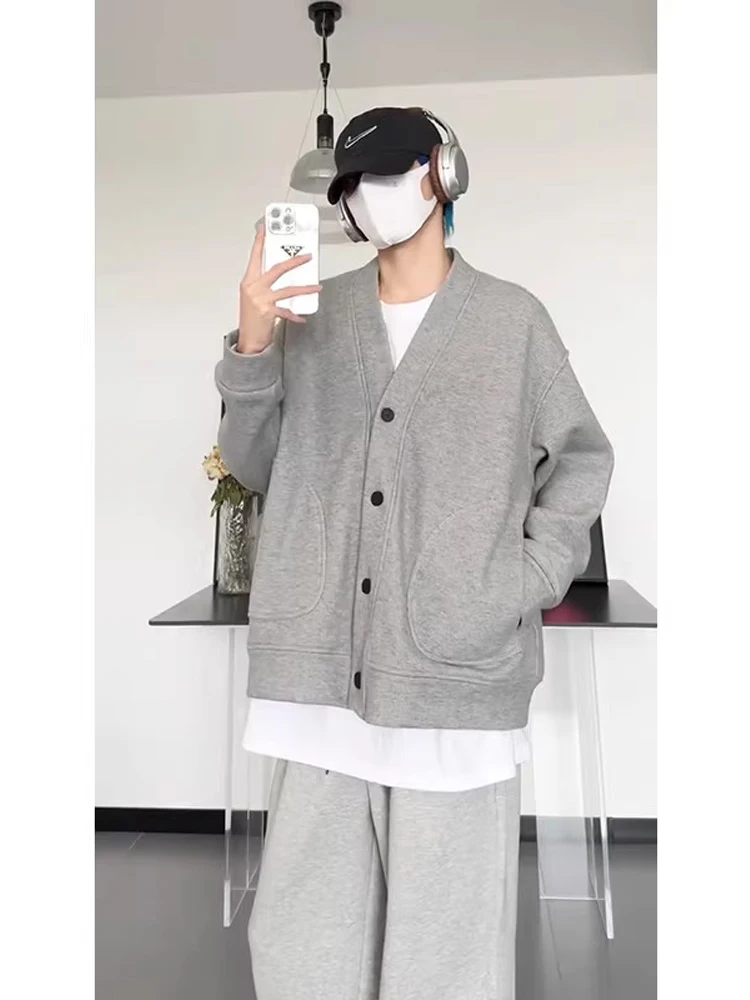 

Весенний мужской кардиган с V-образным вырезом, свободный крой, длинный рукав, вязаный свитшот в американском стиле, повседневный, универсальный, с воротником