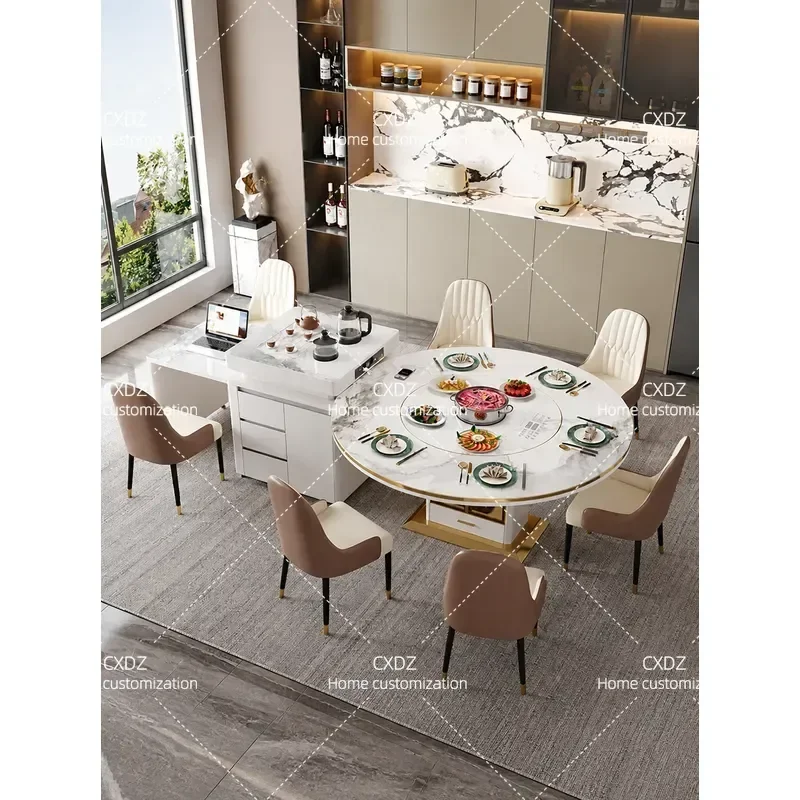 2026 New Telescopic Island Dining Table with Integrated Induction Cooker Light Luxury Multi Functional Rock Slab Household