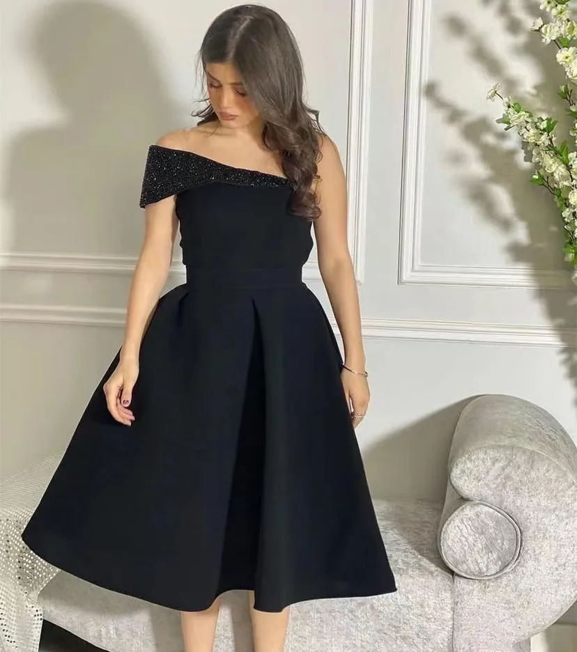 

Custom Made Beaded One Shoulder Prom Dresses Zipper Back Ruched Tea Length Little Black Cocktail Party Women Wear Gowns