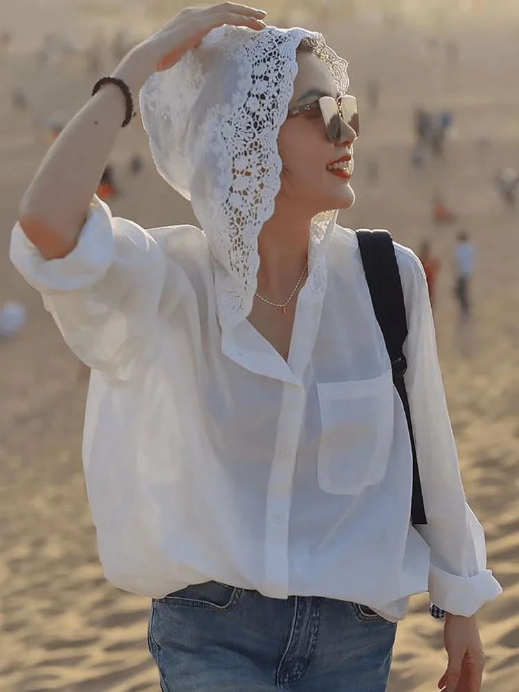 

Chic Elegant Hooded White Shirt Women Lace Hollow Out Long Sleeve Loose Sun Proof Blouse American Casual Lady Fashion Tops Fall