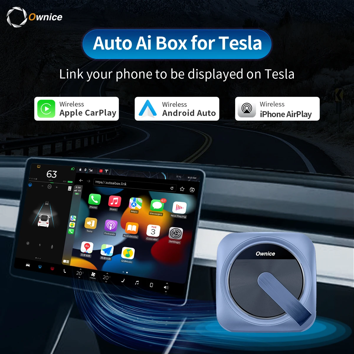 Para Tesla Model 3 Y S X adaptador inalámbrico Carplay Android Auto Ai Box enlace su teléfono uso Spotify Waze Siri SIM sin recocido