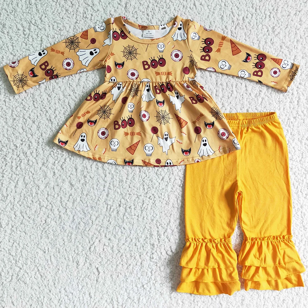 

RTS Baby Girl Clothes Halloween Outfits Boutique Kids Sibling Clothes Girls Dress Ghost Yellow Cute Toddler Girls Clothing Sets