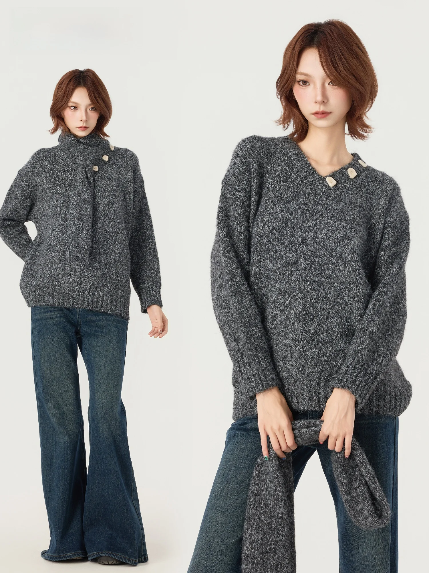 

Didimax Winter New Knitted Texture Sweater V-Ne Button up irt with Scarf W2672 Commute Sle Long Sve Warmth Heating