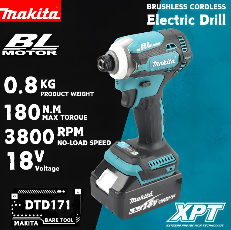 Parafusadeira de Impacto Makita Original DTD171 18V, Parafusadeira Elétrica Sem Fio Brushless, Furadeira Recarregável, Ferramenta Elétrica Makita